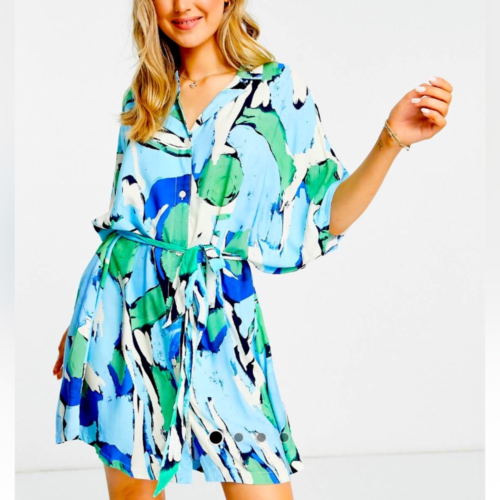 ASOS Monki midi shirt dress with tie waist detail in blue tropical print - XXL